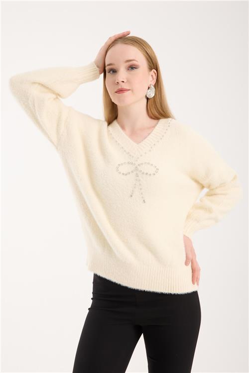 Wholesale Women Ecru V-Neck Knit Blouse with Rhinestone and Pearl Embellishments