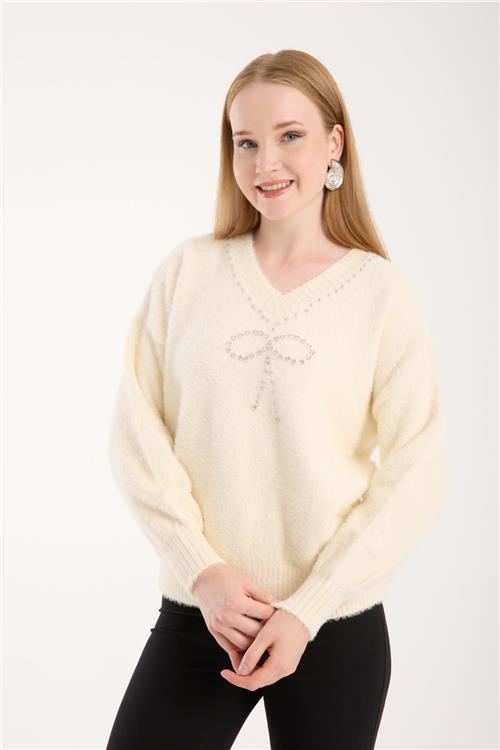 Wholesale Women Ecru V-Neck Knit Blouse with Rhinestone and Pearl Embellishments