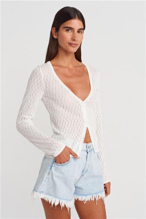 Wholesale Women Ecru V-Neck Openwork Buttoned Thin Knit Cardigan 733749