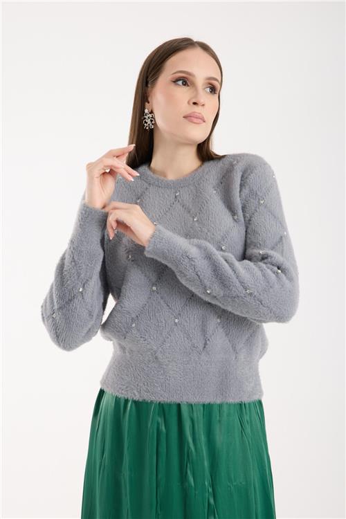 Wholesale Women Gray Crew-Neck Knit Blouse with Rhinestone Embellishments