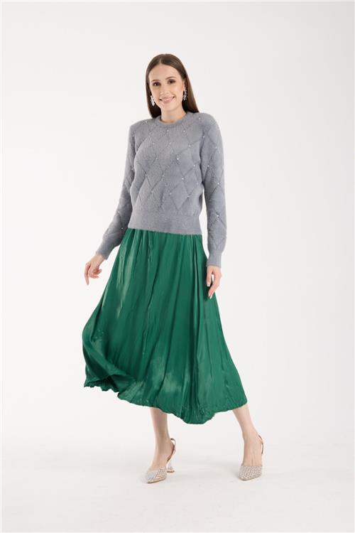 Wholesale Women Gray Crew-Neck Knit Blouse with Rhinestone Embellishments