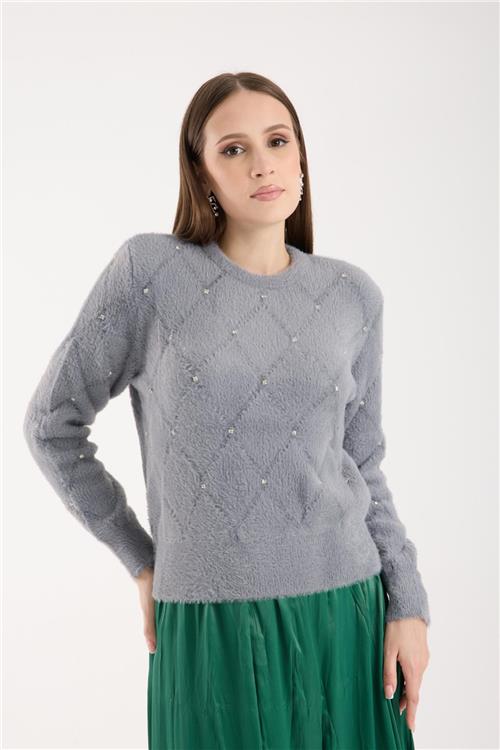 Wholesale Women Gray Crew-Neck Knit Blouse with Rhinestone Embellishments