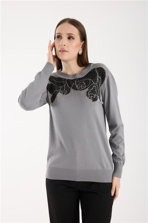 Wholesale Women Gray Crew-Neck Knit Blouse with Rhinestone Embellishments