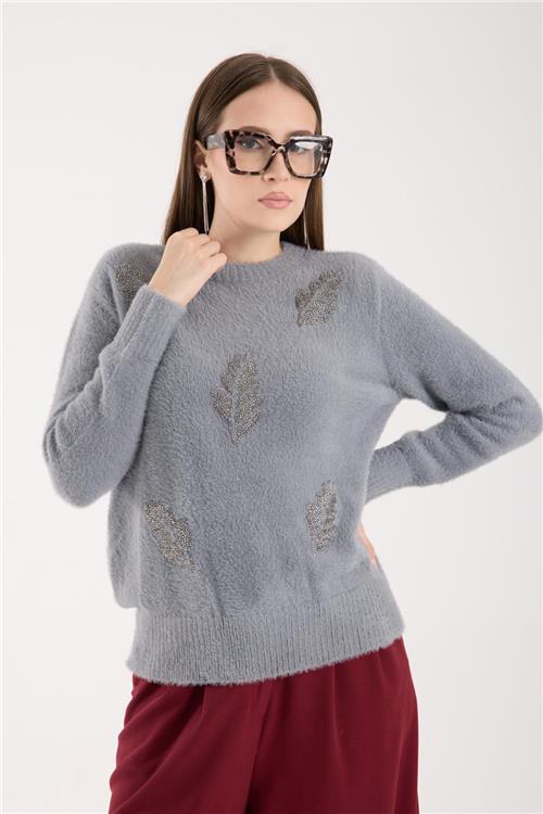 Wholesale Women Gray Crew-Neck Knit Blouse with Beaded Embroidery