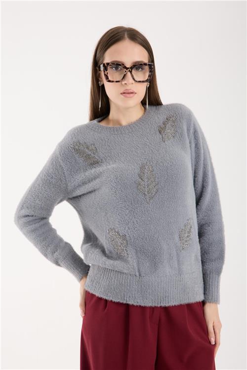 Wholesale Women Gray Crew-Neck Knit Blouse with Beaded Embroidery