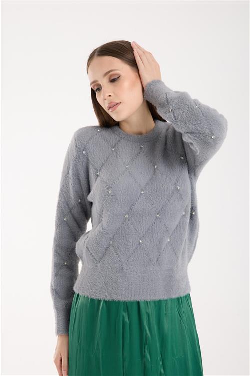 Wholesale Women Gray Crew-Neck Knit Blouse with Rhinestone Embellishments