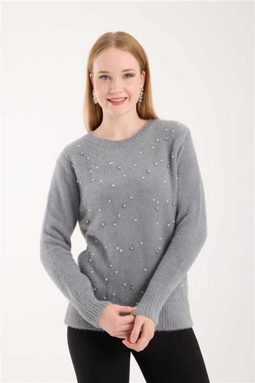 Wholesale Women Gray Crew-Neck Knit Blouse with Rhinestone and Pearl Embellishments