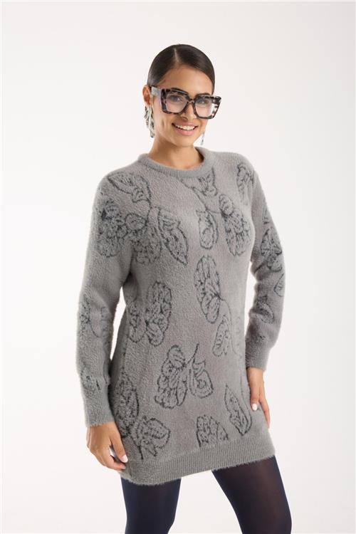 Wholesale Women Gray Crew-Neck Knit Blouse with Leaf Pattern