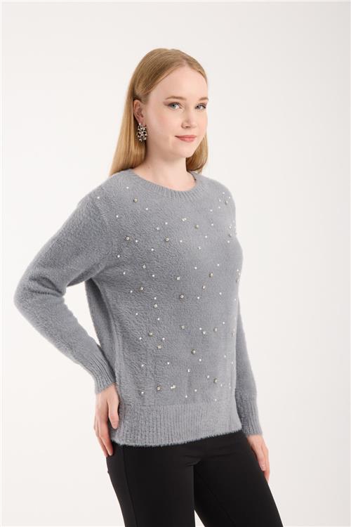 Wholesale Women Gray Crew-Neck Knit Blouse with Rhinestone and Pearl Embellishments