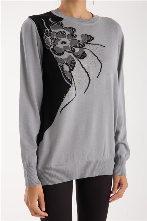 Wholesale Women Gray Crew-Neck Knit Blouse with Rhinestone Embellishments