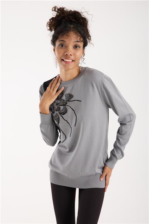 Wholesale Women Gray Crew-Neck Knit Blouse with Rhinestone Embellishments