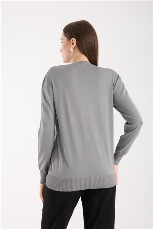 Wholesale Women Gray Crew-Neck Knit Blouse with Rhinestone Embellishments