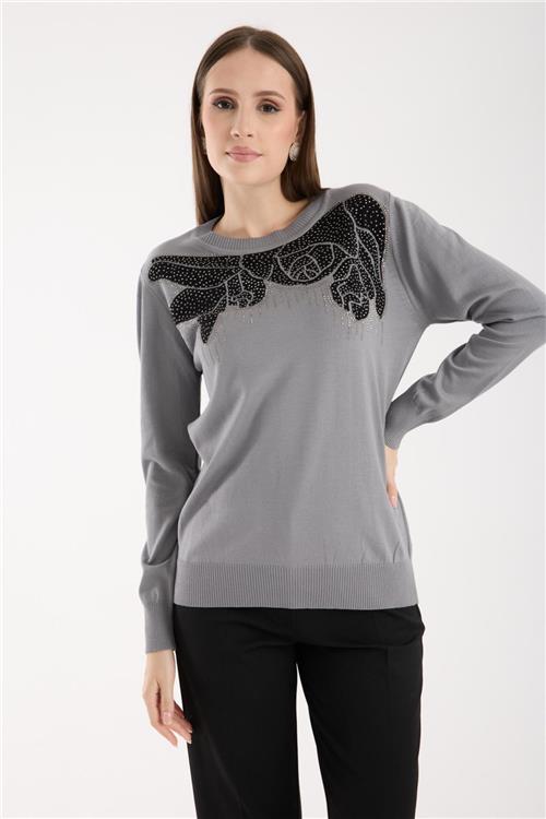 Wholesale Women Gray Crew-Neck Knit Blouse with Rhinestone Embellishments