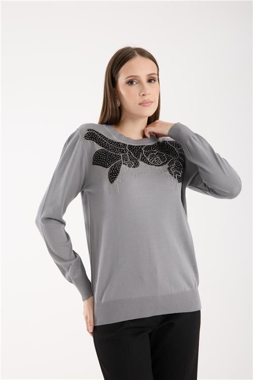 Wholesale Women Gray Crew-Neck Knit Blouse with Rhinestone Embellishments