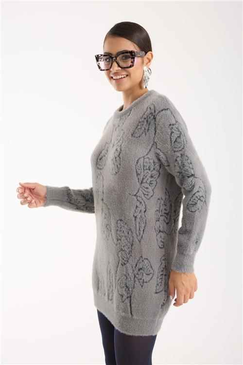 Wholesale Women Gray Crew-Neck Knit Blouse with Leaf Pattern