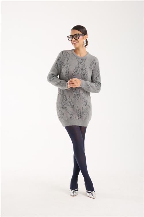Wholesale Women Gray Crew-Neck Knit Blouse with Leaf Pattern
