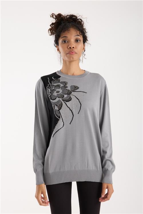 Wholesale Women Gray Crew-Neck Knit Blouse with Rhinestone Embellishments
