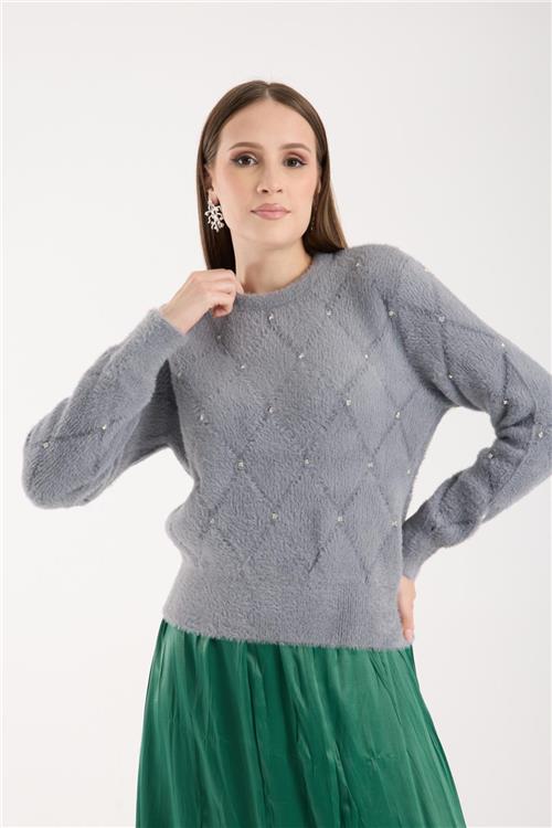 Wholesale Women Gray Crew-Neck Knit Blouse with Rhinestone Embellishments