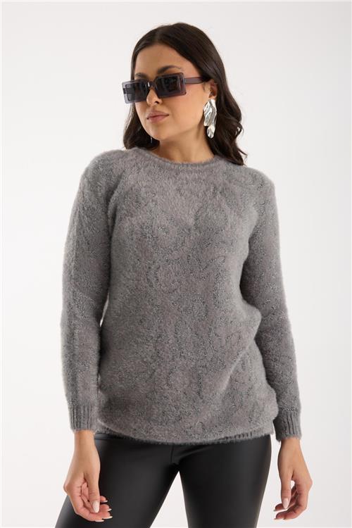Wholesale Women Gray Lurex Crew-Neck Knit Blouse with Side Slits