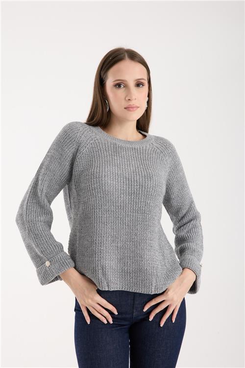 Wholesale Women Gray Lurex Crew-Neck Knit Blouse with Raglan Sleeves and Single Button Cuffs