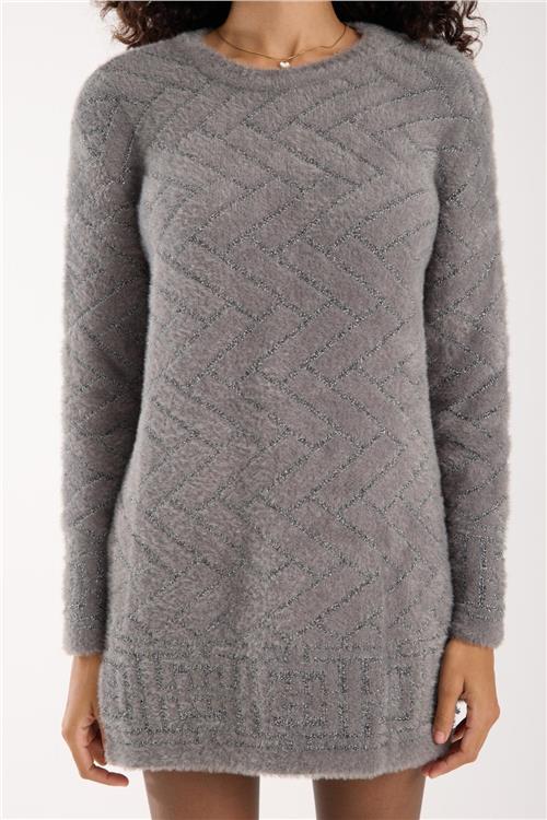 Wholesale Women Gray Lurex Crew-Neck Knit Blouse with Side Slits