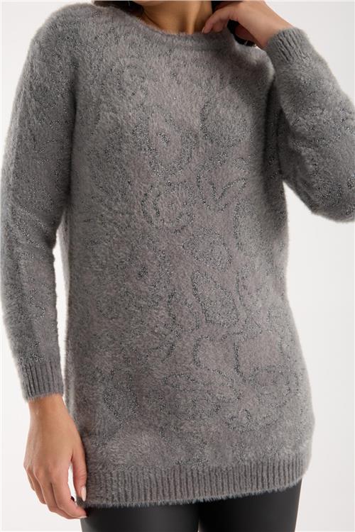 Wholesale Women Gray Lurex Crew-Neck Knit Blouse with Side Slits