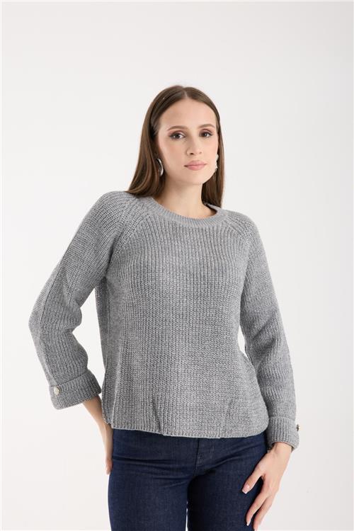 Wholesale Women Gray Lurex Crew-Neck Knit Blouse with Raglan Sleeves and Single Button Cuffs