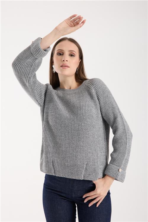 Wholesale Women Gray Lurex Crew-Neck Knit Blouse with Raglan Sleeves and Single Button Cuffs