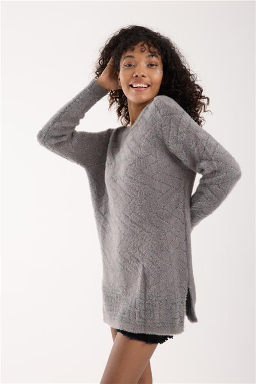 Wholesale Women Gray Lurex Crew-Neck Knit Blouse with Side Slits