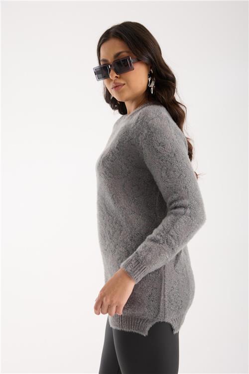 Wholesale Women Gray Lurex Crew-Neck Knit Blouse with Side Slits