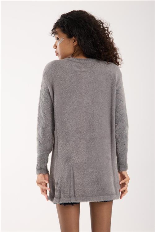 Wholesale Women Gray Lurex Crew-Neck Knit Blouse with Side Slits