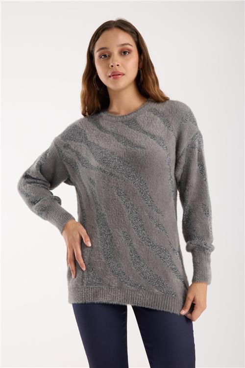 Wholesale Women Gray Lurex Crew-Neck Knit Blouse with Bishop Sleeves