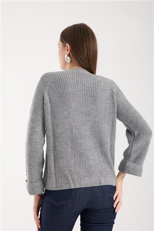 Wholesale Women Gray Lurex Crew-Neck Knit Blouse with Raglan Sleeves and Single Button Cuffs