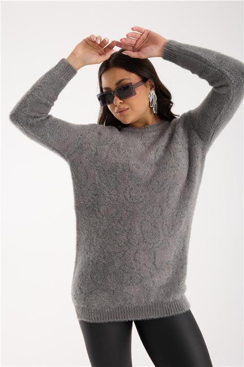 Wholesale Women Gray Lurex Crew-Neck Knit Blouse with Side Slits