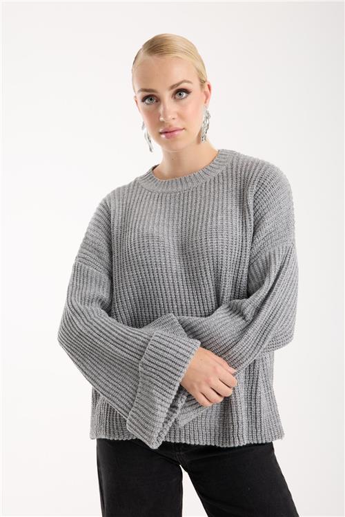 Wholesale Women Gray Lurex Rib Knit Oversized Crew-Neck Sweater