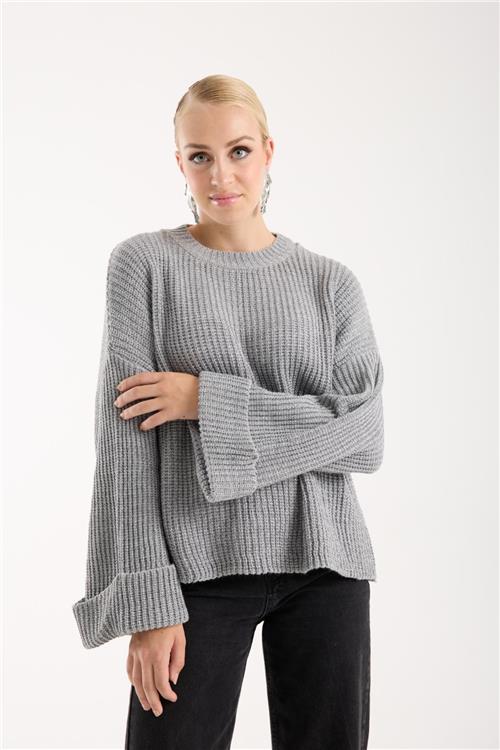 Wholesale Women Gray Lurex Rib Knit Oversized Crew-Neck Sweater