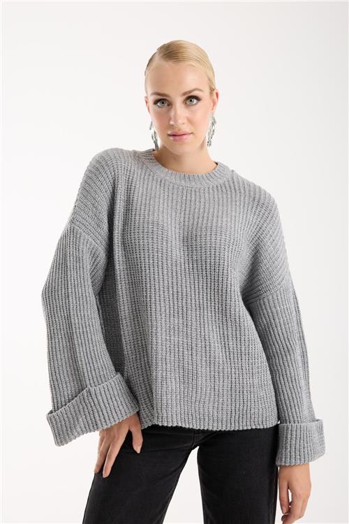 Wholesale Women Gray Lurex Rib Knit Oversized Crew-Neck Sweater
