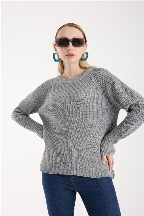 Wholesale Women Gray Crew-Neck Lurex Rib Knit Sweater with Raglan Sleeves