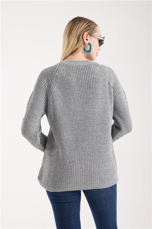 Wholesale Women Gray Crew-Neck Lurex Rib Knit Sweater with Raglan Sleeves