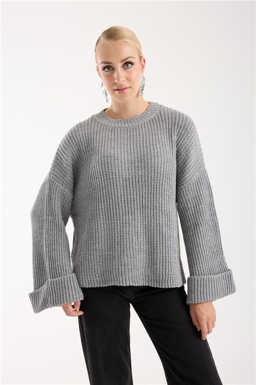 Wholesale Women Gray Lurex Rib Knit Oversized Crew-Neck Sweater