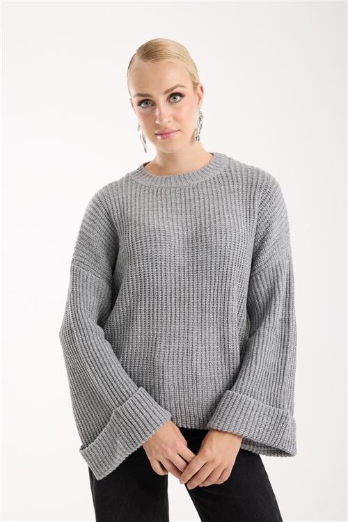 Wholesale Women Gray Lurex Rib Knit Oversized Crew-Neck Sweater