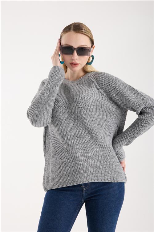 Wholesale Women Gray Crew-Neck Lurex Rib Knit Sweater with Raglan Sleeves