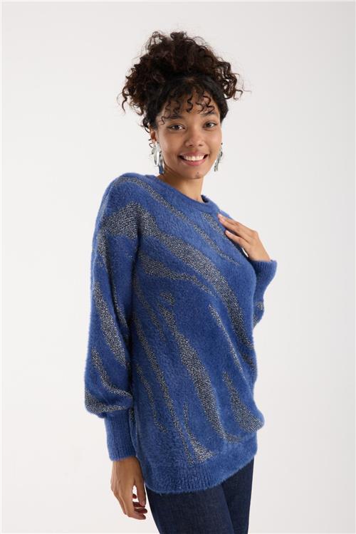 Wholesale Women Indigo Lurex Crew-Neck Knit Blouse with Bishop Sleeves