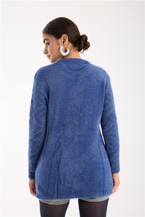 Wholesale Women Indigo Lurex Crew-Neck Knit Blouse with Side Slits