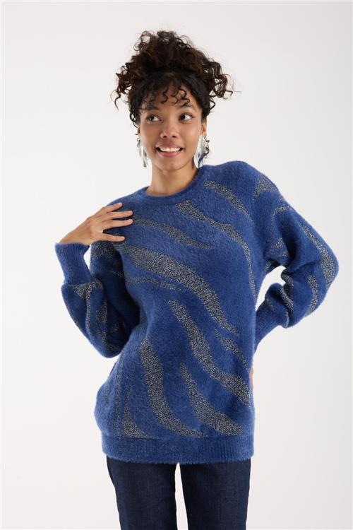 Wholesale Women Indigo Lurex Crew-Neck Knit Blouse with Bishop Sleeves