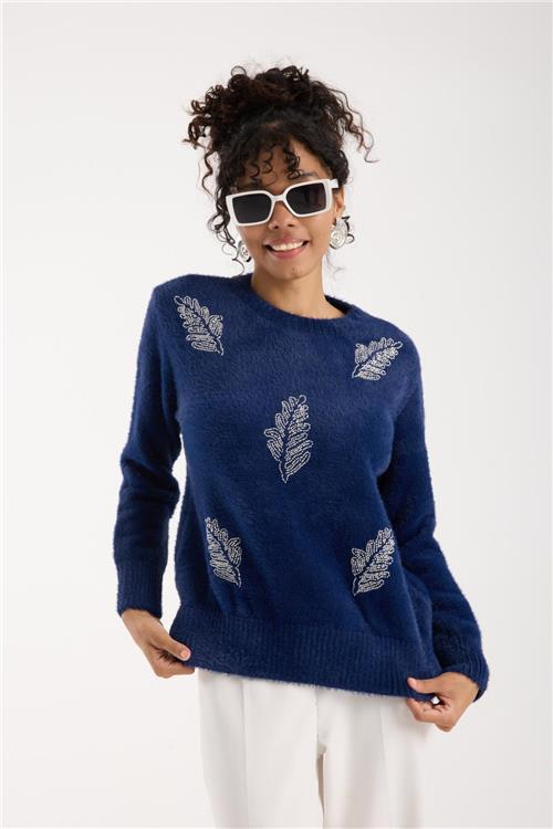 Wholesale Women Navy Crew-Neck Knit Blouse with Beaded Embroidery