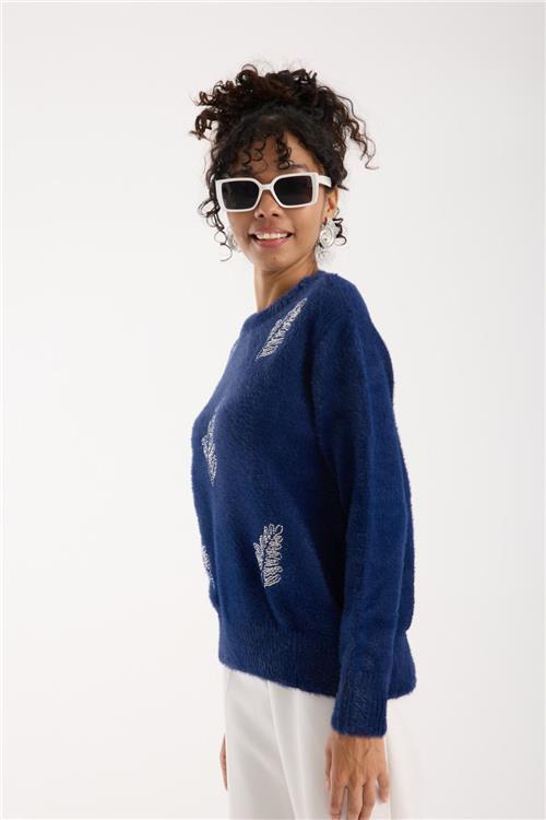 Wholesale Women Navy Crew-Neck Knit Blouse with Beaded Embroidery