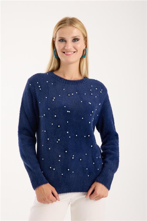 Wholesale Women Navy Crew-Neck Knit Blouse with Rhinestone and Pearl Embellishments