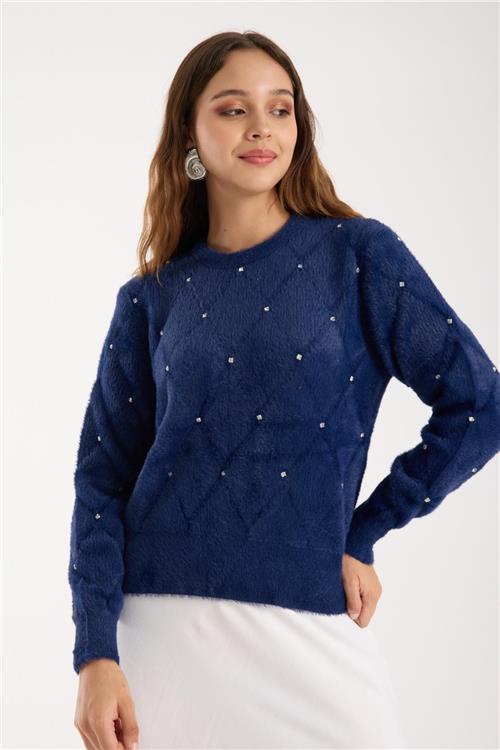 Wholesale Women Navy Crew-Neck Knit Blouse with Rhinestone Embellishments