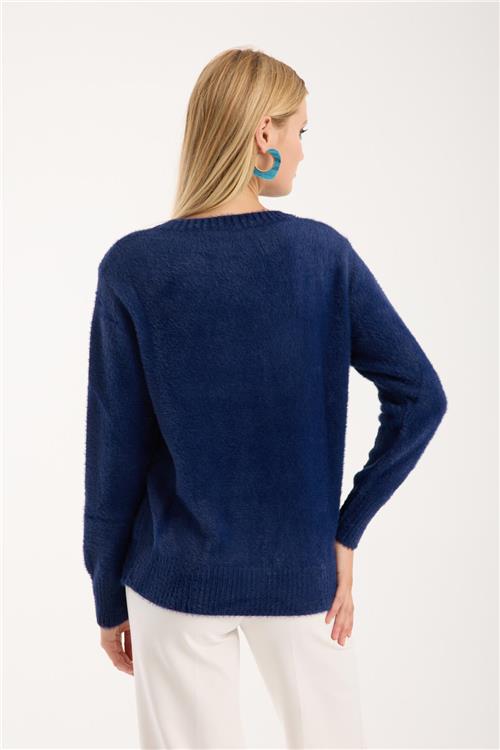 Wholesale Women Navy Crew-Neck Knit Blouse with Rhinestone and Pearl Embellishments